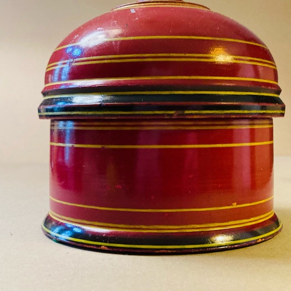 Antique Indian round domed wood box with lid, stripe pattern on exterior